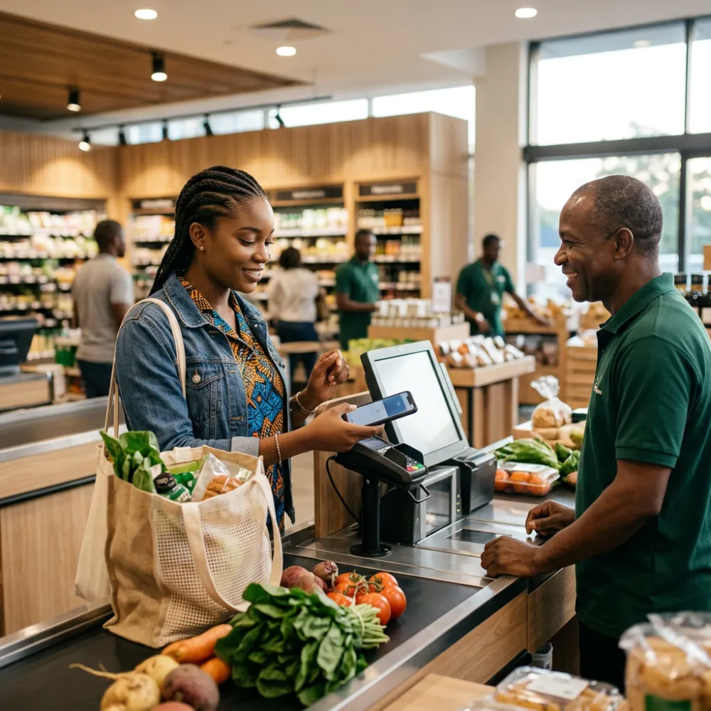 Customer paying at a partner store's checkout with her phone