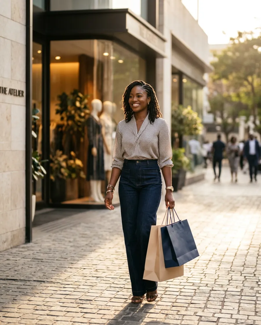 Shopper leaving a boutique with her bags