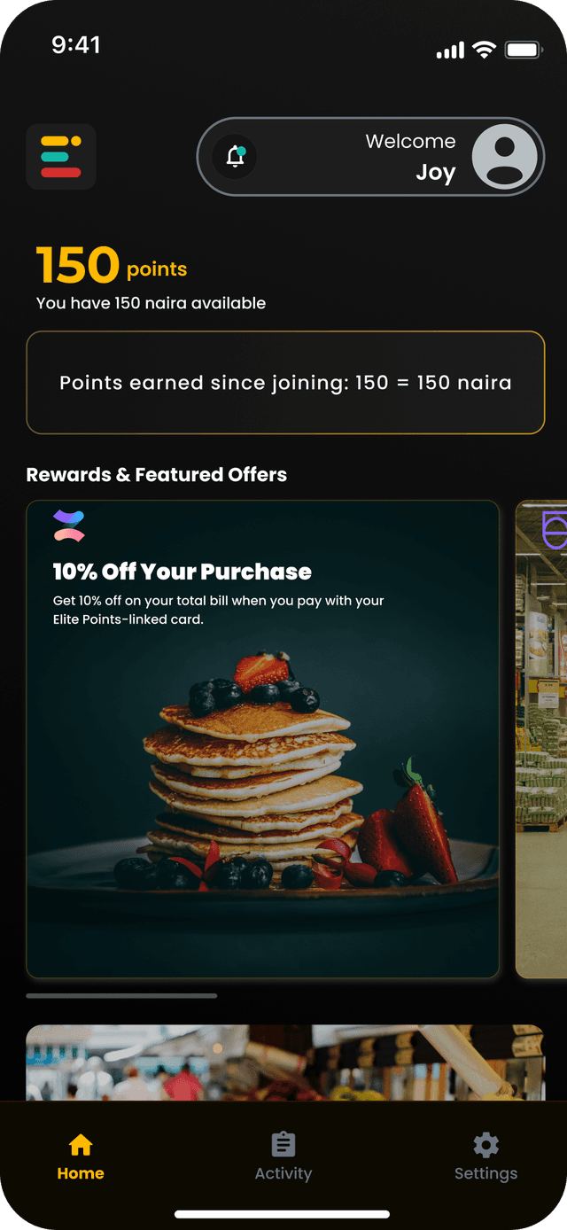 ElitePoints app home screen showing a points balance and featured partner offers